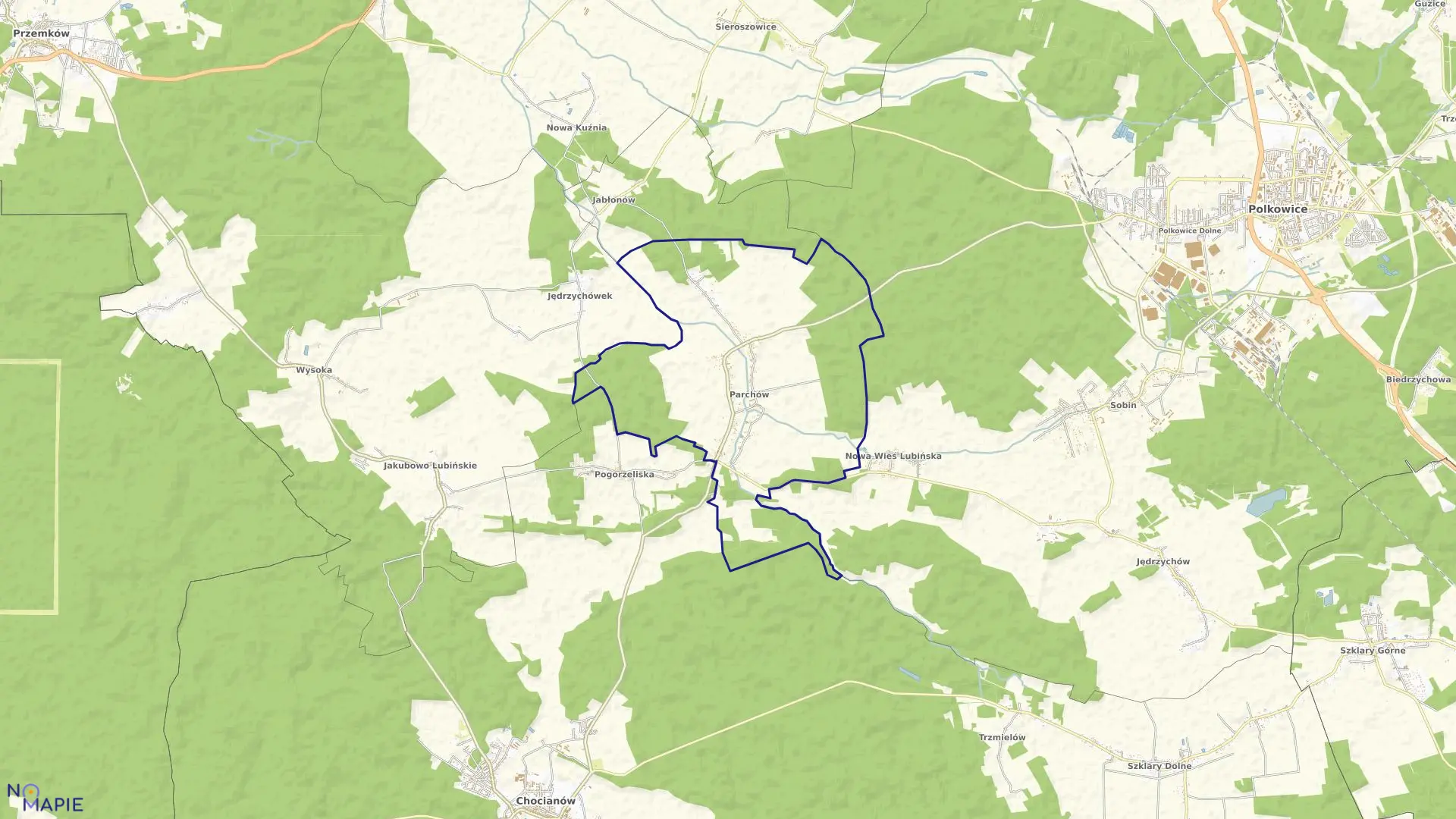 Mapa obrębu Parchów w gminie Chocianów