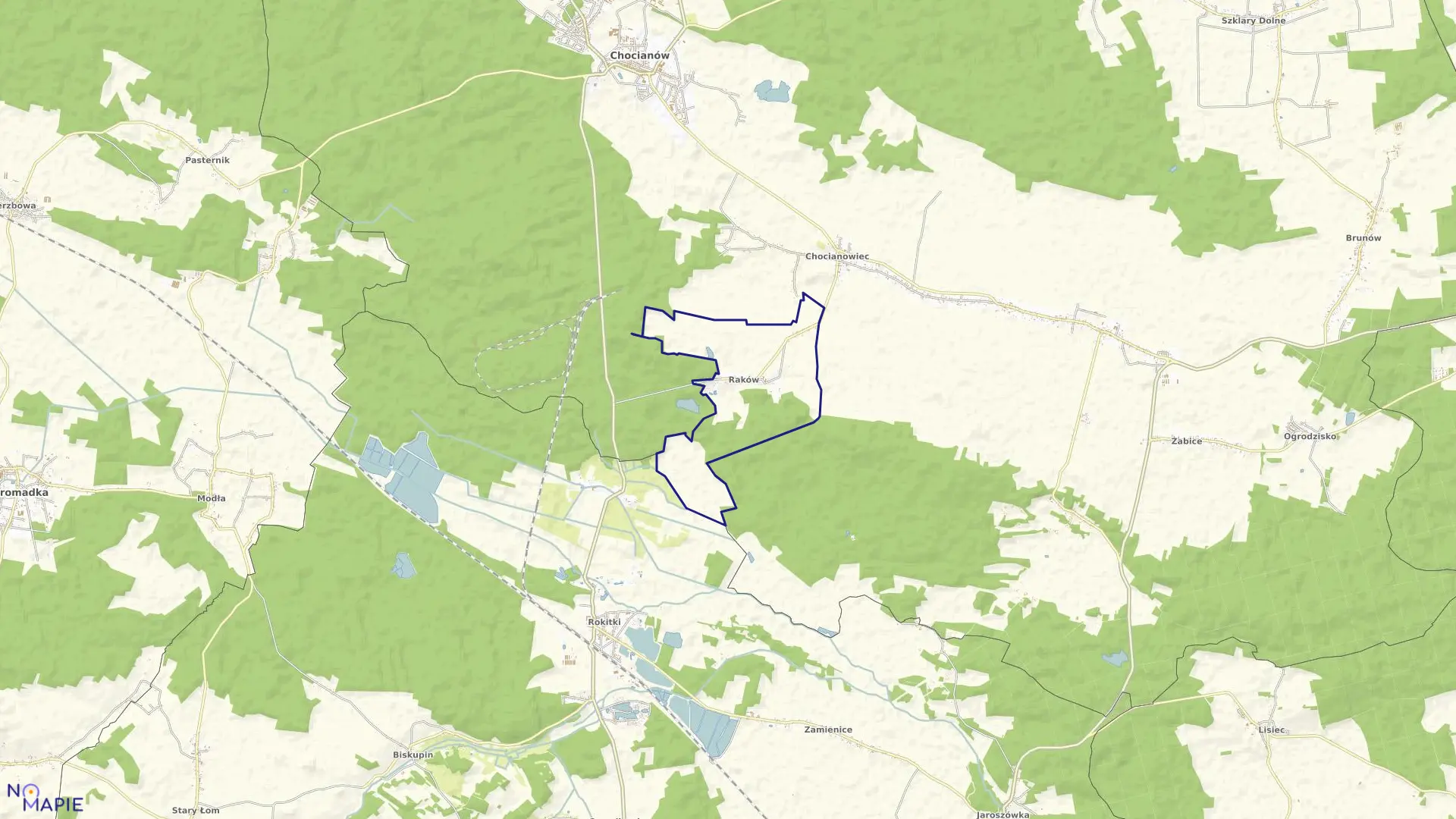 Mapa obrębu Raków w gminie Chocianów