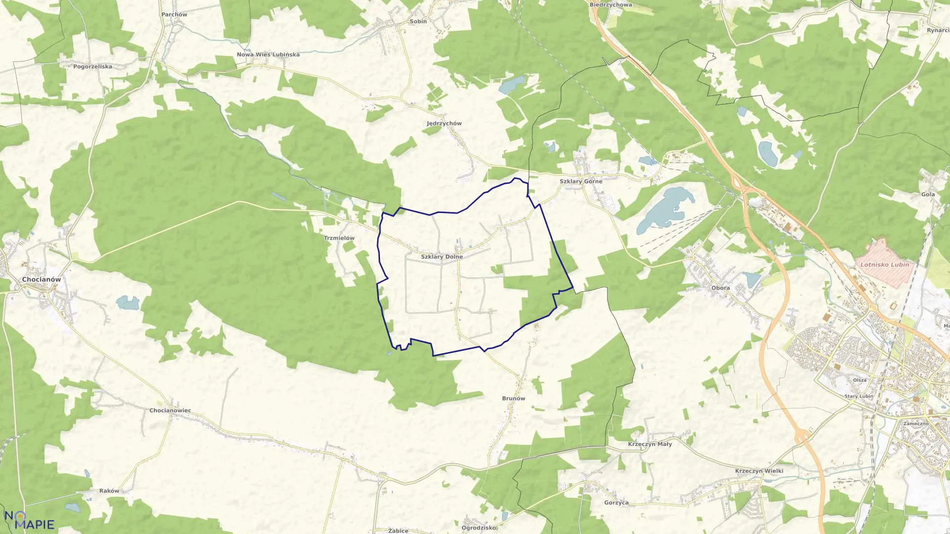 Mapa obrębu Szklary Dolne w gminie Chocianów