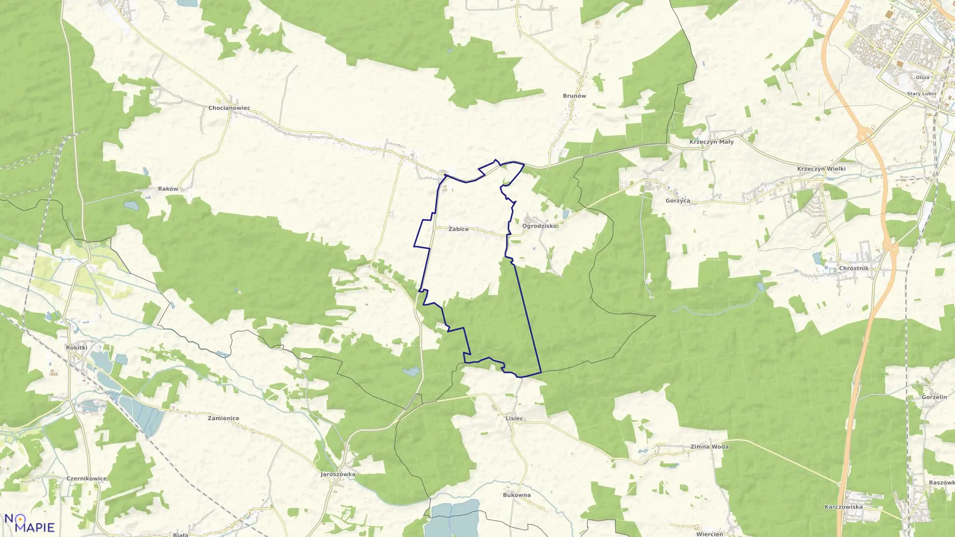 Mapa obrębu Żabice w gminie Chocianów